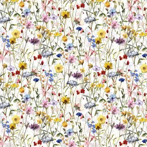 SMALL - Hand Painted Colorful Watercolor Ikeabana Wild Midsummer and Scandinavian Dried Wildflowers and Leaves, Fabric,  Cottagecore Fabric And Wallpaper
