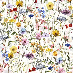 LARGE - Hand Painted Colorful Watercolor Ikeabana Wild Midsummer and Scandinavian Dried Wildflowers and Leaves, Fabric,  Cottagecore Fabric And Wallpaper
