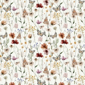 SMALL - Hand Painted Brown Watercolor Ikeabana Wild Midsummer With Butterflies and Scandinavian Dried Wildflowers and Leaves, Fabric,  Cottagecore Fabric And Wallpaper