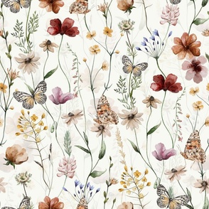 LARGE - Hand Painted Brown Watercolor Ikeabana Wild Midsummer With Butterflies and Scandinavian Dried Wildflowers and Leaves, Fabric,  Cottagecore Fabric And Wallpaper