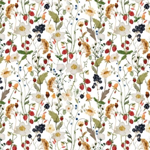 Small - Hand Painted Watercolor Wild Midsummer and Wildflowers, Strawberries and Leaves, Fabric, Cottagecore Fabric And Wallpaper