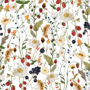 Large - Hand Painted Watercolor Wild Midsummer and Wildflowers, Strawberries and Leaves, Fabric, Cottagecore Fabric And Wallpaper