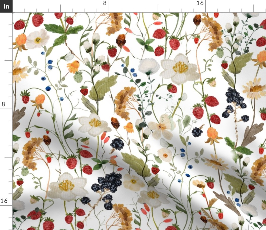 Large - Hand Painted Watercolor Wild Midsummer and Wildflowers, Strawberries and Leaves, Fabric, Cottagecore Fabric And Wallpaper