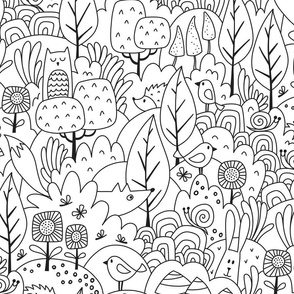 forest life coloring - black and white