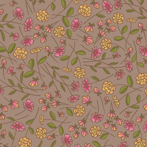Playful Kali, Yellow and Pink Tossed Flowers on Brown, large