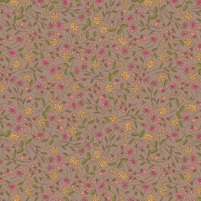 Playful Kali, Yellow and Pink Tossed Flowers on Brown, small  