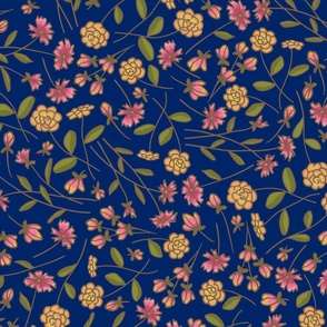 Playful Kali, Yellow and Pink Tossed Flowers on Navy Blue, large