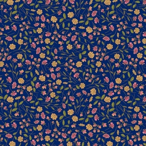 Playful Kali, Yellow and Pink Tossed Flowers on Navy Blue, small
