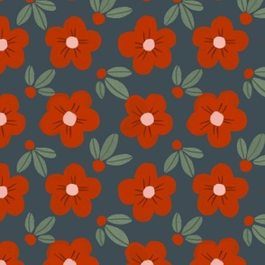 Red flowers on an indigo grey background