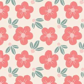 Coral red flowers on a light beige background 