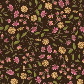 Playful Kali, Yellow and Pink Tossed Flowers on Dark Brown, large