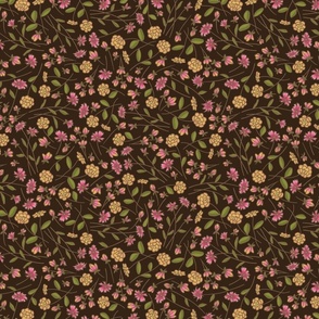 Playful Kali, Yellow and Pink Tossed Flowers on Dark Brown, small