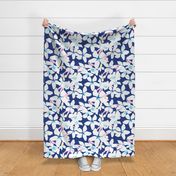 Orange Blossoms Big Tropical Navy Blue, White, Pastel Pink And Turquoise Flower Blooms With Bright Lemon Yellow Retro Modern Botanical Fruit Tree Grandmillennial Floral Pattern