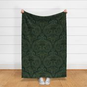 Frogs and Mushrooms Damask- Magic Forest- Ferns- Snails- Toads- Cottagecore- Arts and Crafts- Victorian- Hollywood Regency- Forest Green- Dark Green- Earthy Green- Large