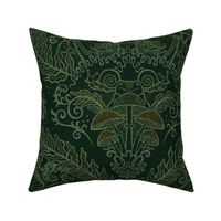 Frogs and Mushrooms Damask- Magic Forest- Ferns- Snails- Toads- Cottagecore- Arts and Crafts- Victorian- Hollywood Regency- Forest Green- Dark Green- Earthy Green- Large