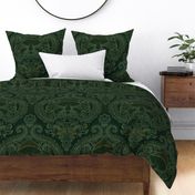 Frogs and Mushrooms Damask- Magic Forest- Ferns- Snails- Toads- Cottagecore- Arts and Crafts- Victorian- Hollywood Regency- Forest Green- Dark Green- Earthy Green- Large