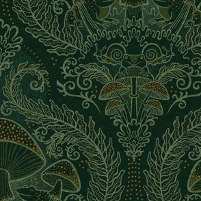 Frogs and Mushrooms Damask- Magic Forest- Ferns- Snails- Toads- Cottagecore- Arts and Crafts- Victorian- Hollywood Regency- Forest Green- Dark Green- Earthy Green- Large