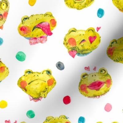 Cute watercolor frog on white with colorful dots