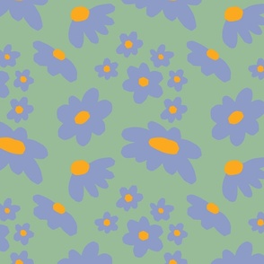 Sweet Daisy Dream - Cute violet blue florals  in green background.