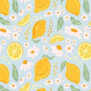 Lemon Zest Bloom - Lemonade - Fresh Lemons in Sky blue 