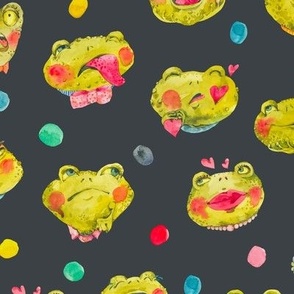Cute watercolor frog on black with colorful dots