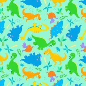 (s) Cute Colorful Kids Dinosaurs on Light Green