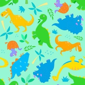 (m) Cute Colorful Kids Dinosaurs on Light Green