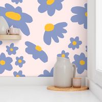 (Sweet Daisy Dream - Cute Steel blue florals in Pastel blush background.