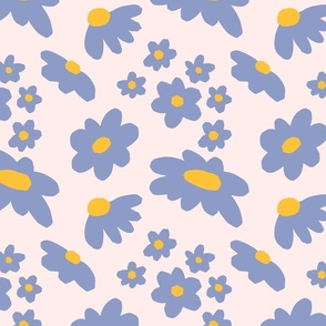 (Sweet Daisy Dream - Cute Steel blue florals in Pastel blush background.