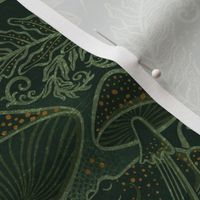 Frogs and Mushrooms Damask- Magic Forest- Ferns- Snails- Toads- Cottagecore- Arts and Crafts- Victorian- Hollywood Regency- Forest Green- Dark Green- Earthy Green- Small