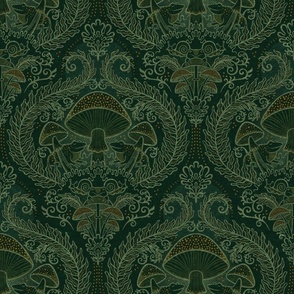 Frogs and Mushrooms Damask- Magic Forest- Ferns- Snails- Toads- Cottagecore- Arts and Crafts- Victorian- Hollywood Regency- Forest Green- Dark Green- Earthy Green- Small