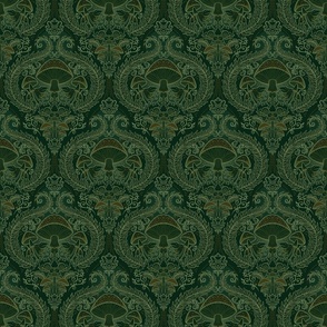 Frogs and Mushrooms Damask- Magic Forest- Ferns- Snails- Toads- Cottagecore- Arts and Crafts- Victorian- Hollywood Regency- Forest Green- Dark Green- Earthy Green- Mini