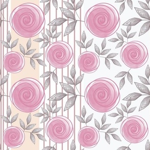Cute floral pattern. Pink roses with grey leaves on a white striped background.
