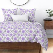 Cute floral pattern. Purple roses with grey leaves on a white grey striped background.