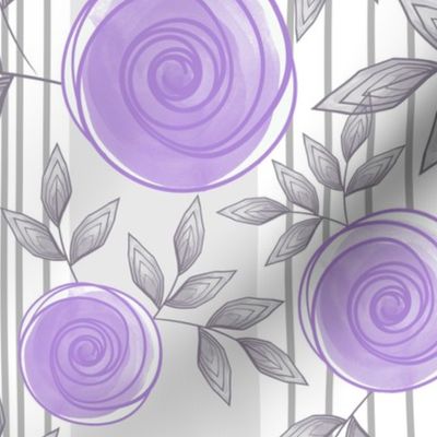 Cute floral pattern. Purple roses with grey leaves on a white grey striped background.