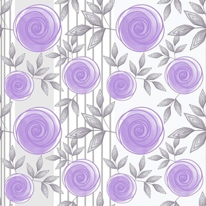 Cute floral pattern. Purple roses with grey leaves on a white grey striped background.