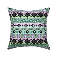 Colorful Aztec tribal pattern. Black ornament on green, lilac, turquoise stripes. 
