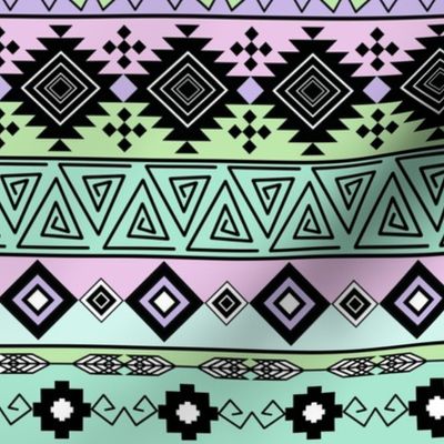 Colorful Aztec tribal pattern. Black ornament on green, lilac, turquoise stripes. 