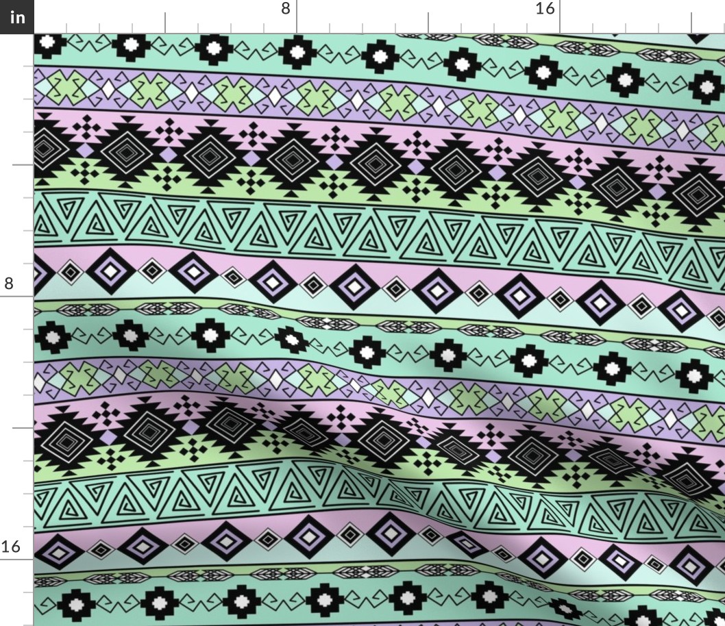 Colorful Aztec tribal pattern. Black ornament on green, lilac, turquoise stripes. 