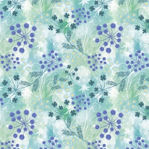 Delicate floral pattern. Blue flowers with white dandelions on a light blue-green background.