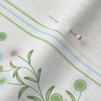 Delicate floral pattern with decorative stripes. White, soft green background.
