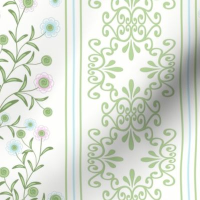 Delicate floral pattern with decorative stripes. White, soft green background.