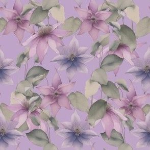 Clematis Flower Watercolor Painting | Floral Pattern | Muted Purple Background