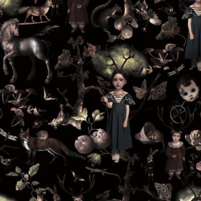 Small - Spooky Steampunk Retro Gothic Girls Create Witchy Collage with Mystic Animals for Halloween Aesthetic Wallpaper Night Black