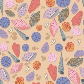 At the Beach - Colorful Seashells on Sand - Whimsical Design