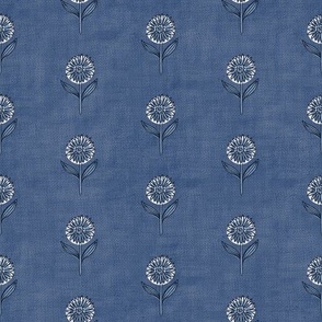 Simple Indian floral block print with blue and white flowers on denim blue