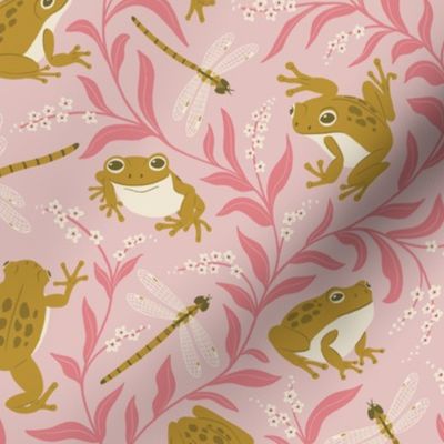 (M) Frogs and Forget-me-nots // mustard green frogs and dragonflies on pink