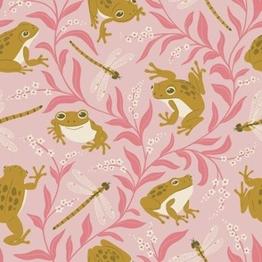 (M) Frogs and Forget-me-nots // mustard green frogs and dragonflies on pink