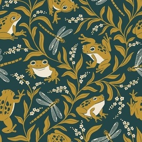 (M) Frogs and Forget-me-nots // mustard green frogs and dragonflies on dark blue