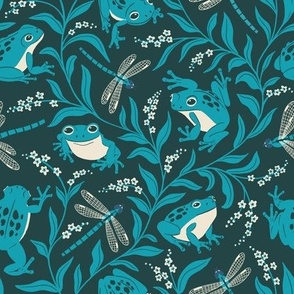 (M) Frogs and Forget-me-nots // blue frogs and dragonflies on dark blue